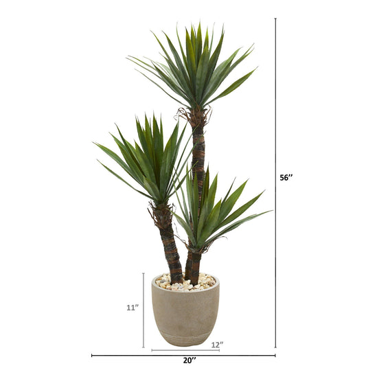 56-inch Yucca artificial tree, two trunks with green spiky leaves in a sandstone planter with white pebbles by Nearly Natural on Tampa Home & Garden Store