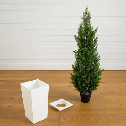 56in UV resistant artificial cedar tree in white tower planter Nearly Natural indoor outdoor on Tampa Home & Garden Store