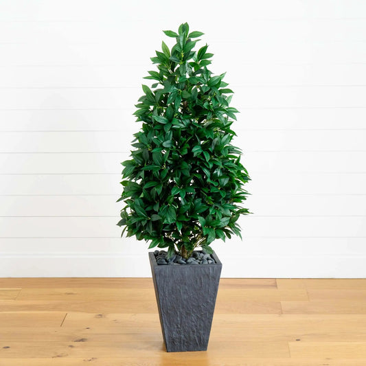 57-Inch artificial bay leaf cone topiary in a slate square planter with dark rocks on Tampa Home & Garden Store