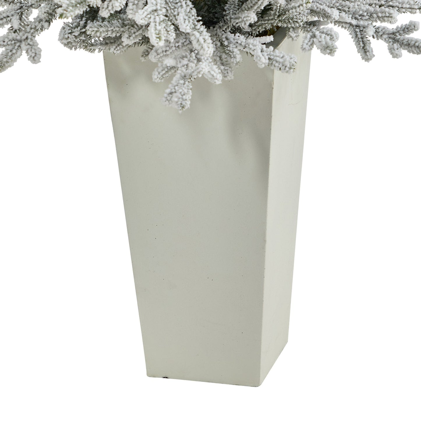 57in flocked Fraser fir artificial Christmas tree in a tower planter with snow covered branches on Tampa Home & Garden Store
