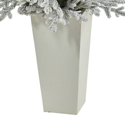 57in flocked Fraser fir artificial Christmas tree in a tower planter with snow covered branches on Tampa Home & Garden Store