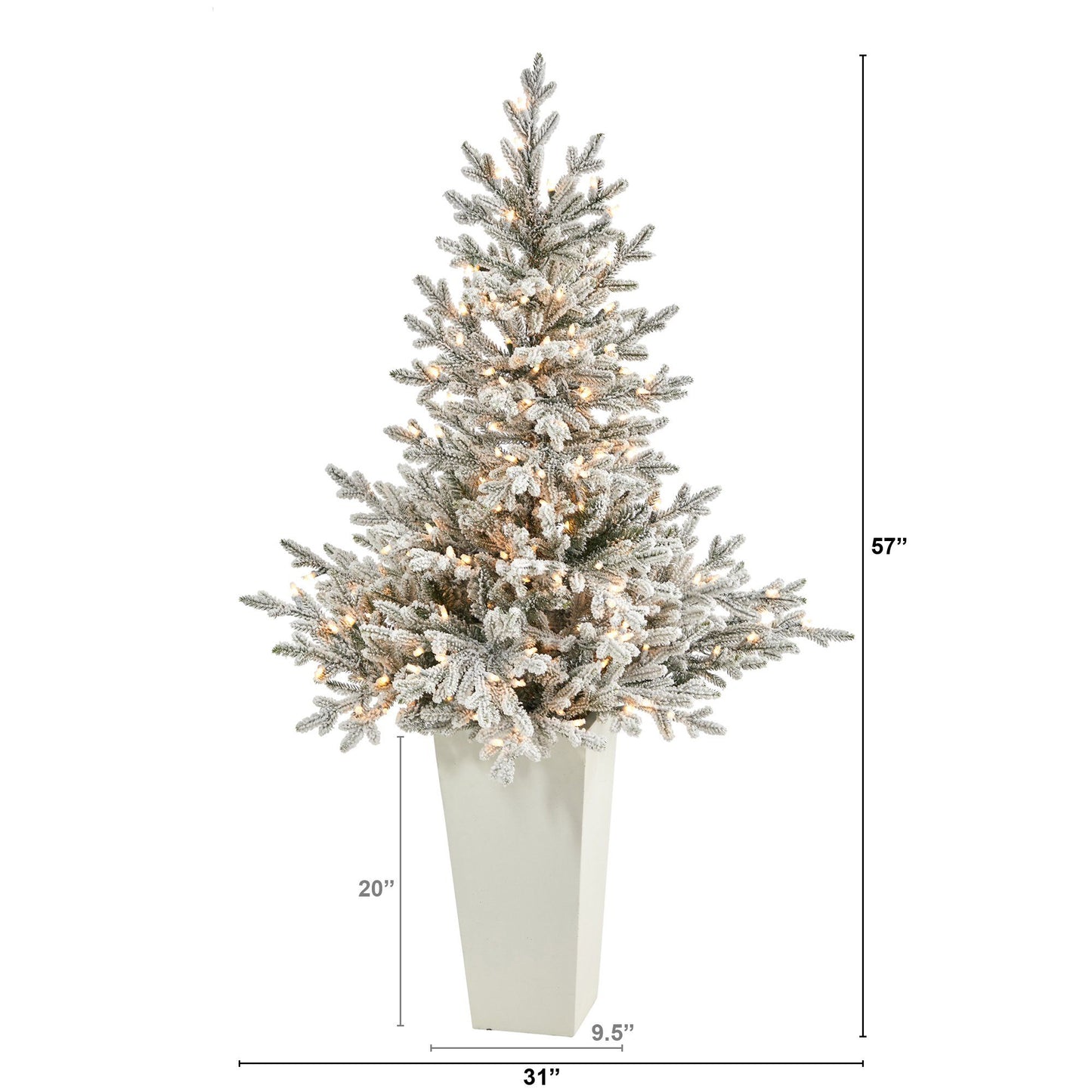 57-inch flocked Fraser Fir Christmas tree in a white tower planter with 300 warm lights on Tampa Home & Garden Store