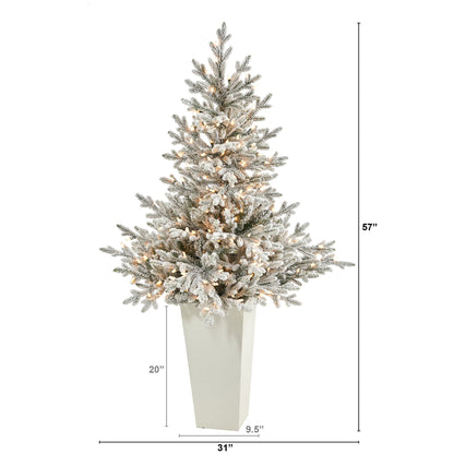 57-inch flocked Fraser Fir Christmas tree in a white tower planter with 300 warm lights on Tampa Home & Garden Store