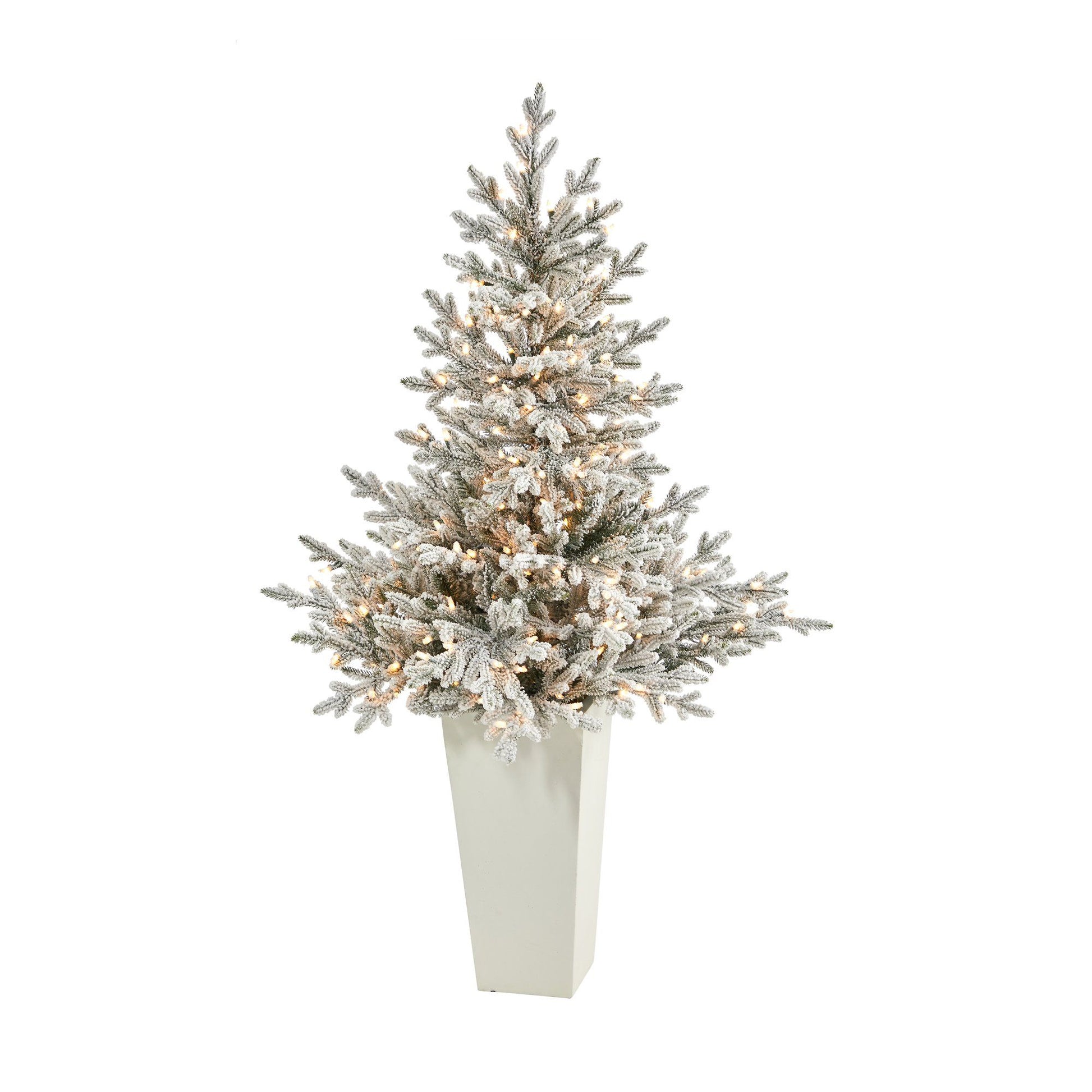 57in flocked Fraser Fir Christmas tree in white tower planter with lights Nearly Natural on Tampa Home & Garden Store