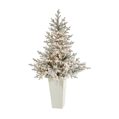 57in flocked Fraser Fir Christmas tree in white tower planter with lights Nearly Natural on Tampa Home & Garden Store