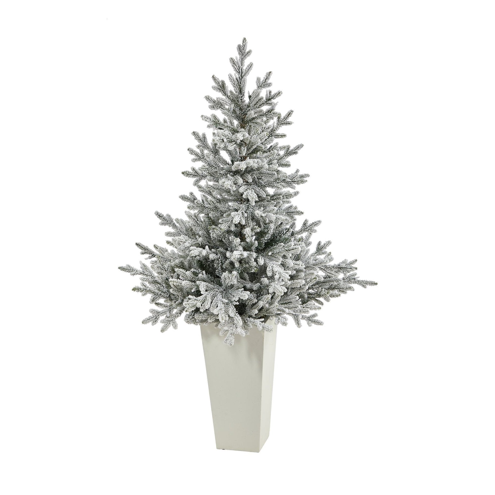 Christmas Tree 57in flocked Fraser Fir in white tower planter with 300 warm white lights on Tampa Home & Garden Store