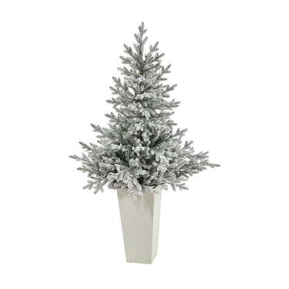 Christmas Tree 57in flocked Fraser Fir in white tower planter with 300 warm white lights on Tampa Home & Garden Store
