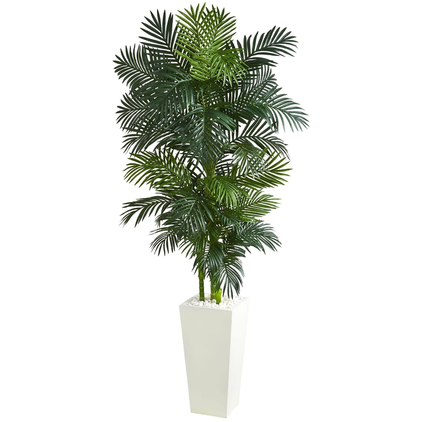 7.5' Golden Cane Palm artificial tree in white planter with white pebbles Nearly Natural on Tampa Home & Garden Store
