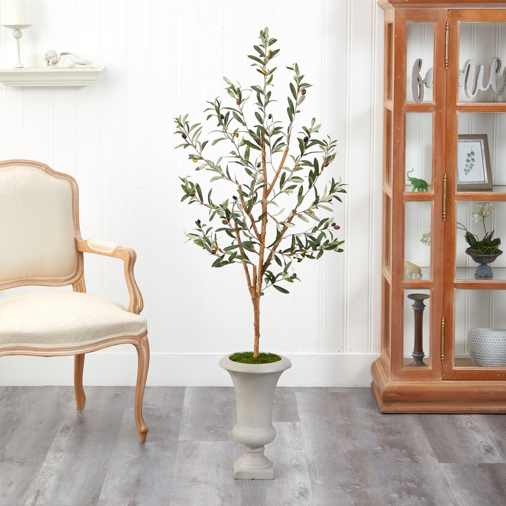 57” Olive Artificial Tree in Sand Urn by Nearly Natural, olive leaves and olives in tan planter on Tampa Home & Garden Store