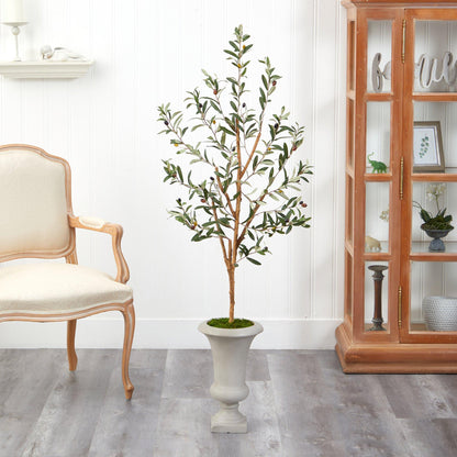 57” Olive Artificial Tree in Sand Urn by Nearly Natural, olive leaves and olives in tan planter on Tampa Home & Garden Store