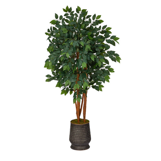 Árbol artificial sakaki de 57 pulgadas en maceta de metal acanalado