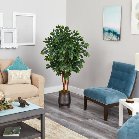Árbol artificial sakaki de 57 pulgadas en maceta de metal acanalado
