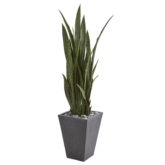57in Sansevieria artificial plant in slate planter with green striped leaves and pebbles on Tampa Home & Garden Store
