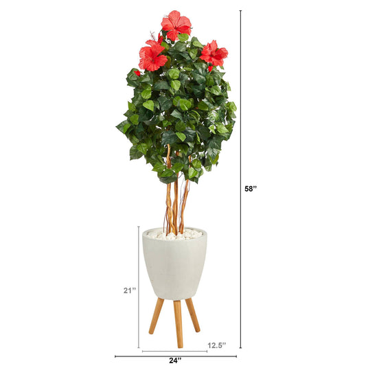58in hibiscus artificial tree Nearly Natural in white planter with stand and white pebbles on Tampa Home & Garden Store