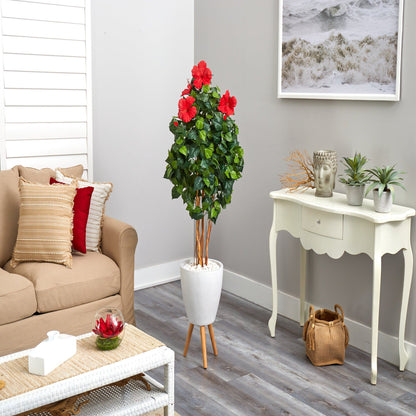 58-inch hibiscus artificial tree in white planter with stand red blooms and leaves Nearly Natural on Tampa Home & Garden Store