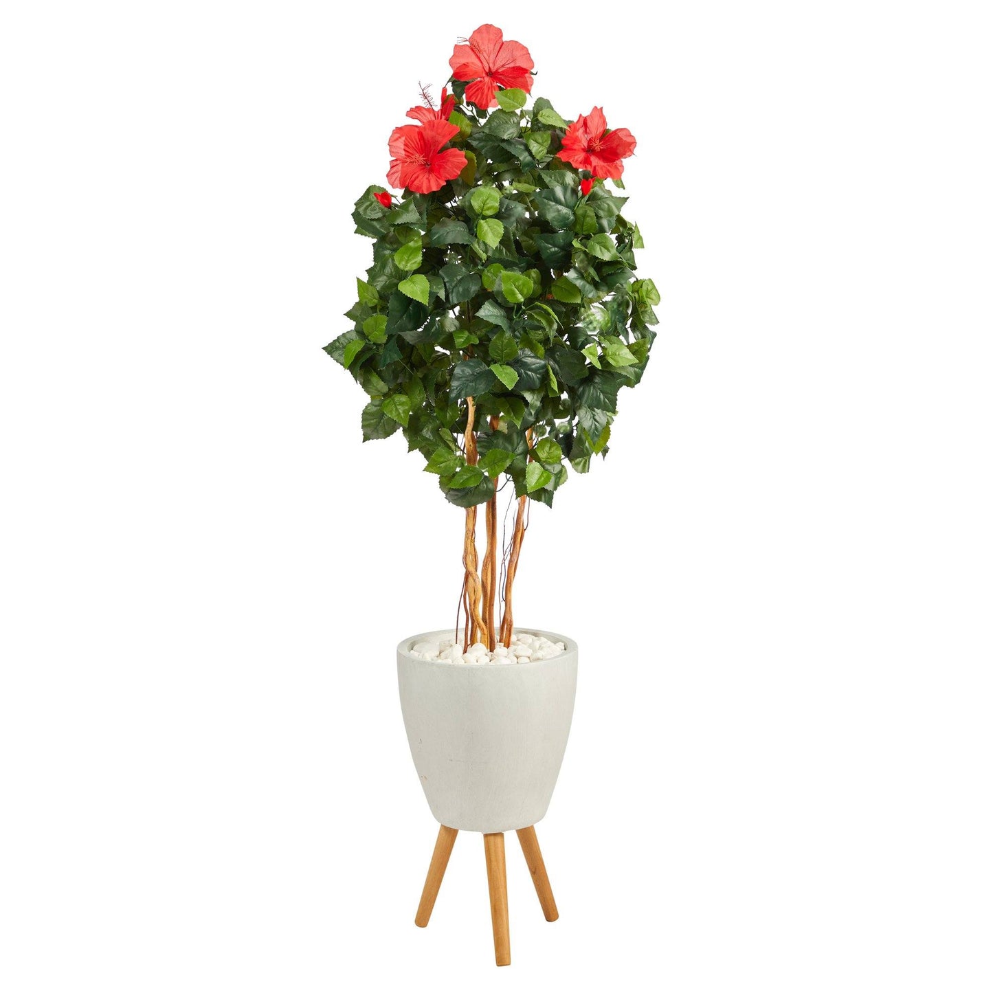 58in Hibiscus artificial tree in white planter with stand Nearly Natural red flowers leaves on Tampa Home & Garden Store