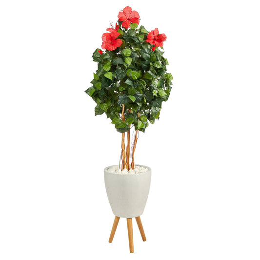 58in Hibiscus artificial tree in white planter with stand Nearly Natural red flowers leaves on Tampa Home & Garden Store
