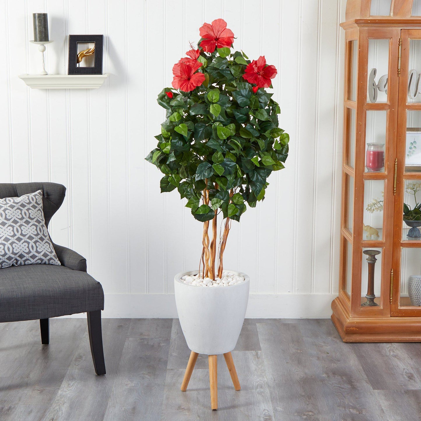 58in hibiscus artificial tree in white planter with stand, red blossoms by Nearly Natural on Tampa Home & Garden Store
