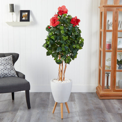 58in hibiscus artificial tree in white planter with stand, red blossoms by Nearly Natural on Tampa Home & Garden Store