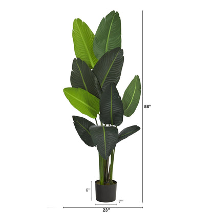 58in Traveler's Palm artificial tree by Nearly Natural in a black planter with green leaves on Tampa Home & Garden Store