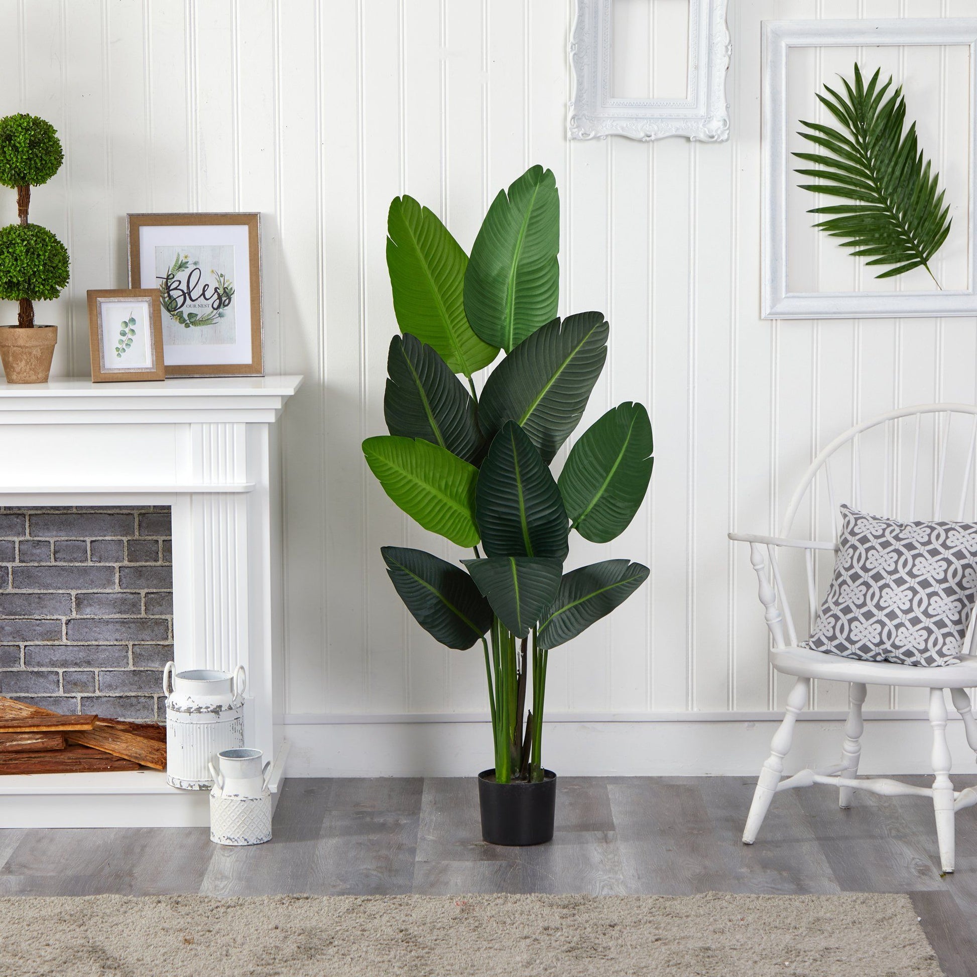 58-inch Traveler's Palm artificial tree by Nearly Natural in a black pot with large green fronds on Tampa Home & Garden Store