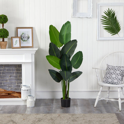 58-inch Traveler's Palm artificial tree by Nearly Natural in a black pot with large green fronds on Tampa Home & Garden Store