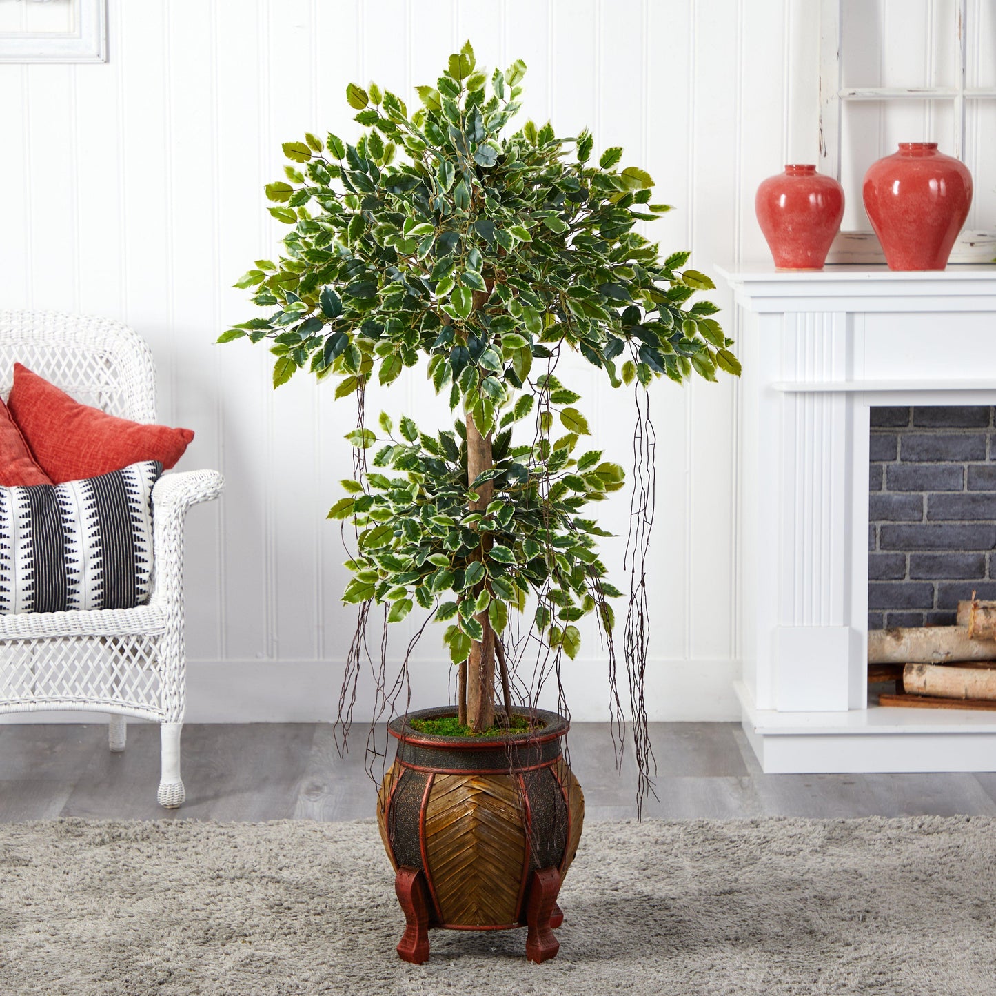 59-inch variegated ficus artificial tree in decorative planter by Nearly Natural on Tampa Home & Garden Store