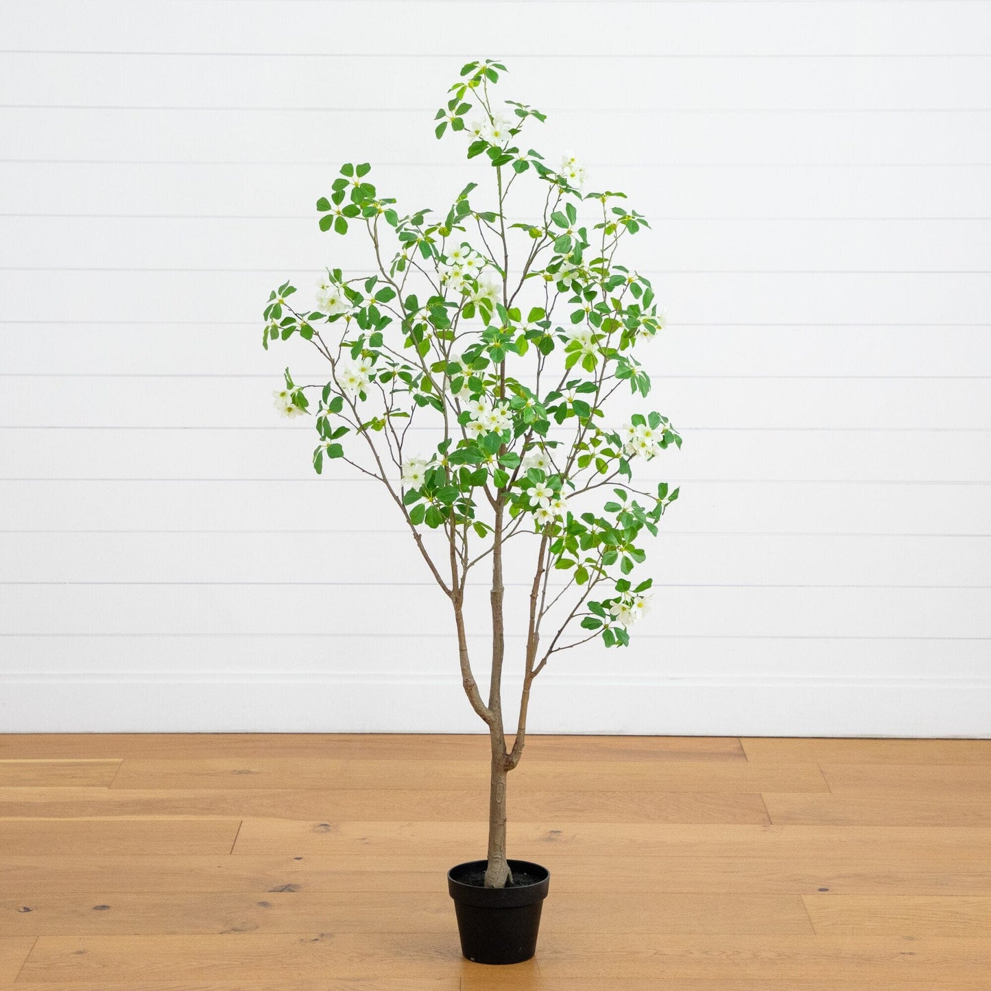 5' artificial dogwood tree in a pot with white blossoms and green leaves by Nearly Natural on Tampa Home & Garden Store