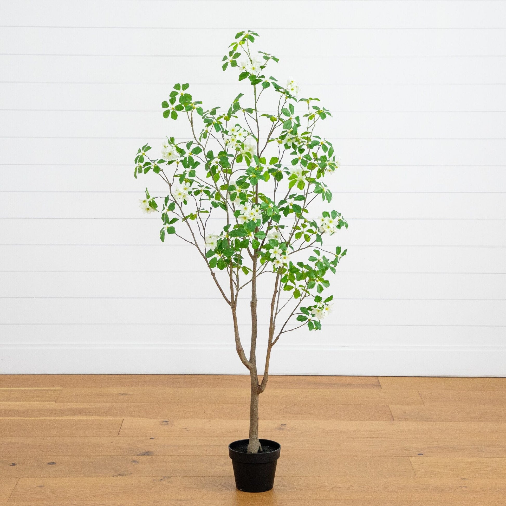 5' artificial dogwood tree in a pot with white blossoms and green leaves by Nearly Natural on Tampa Home & Garden Store