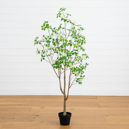 5' artificial dogwood tree in a pot with white blossoms and green leaves by Nearly Natural on Tampa Home & Garden Store