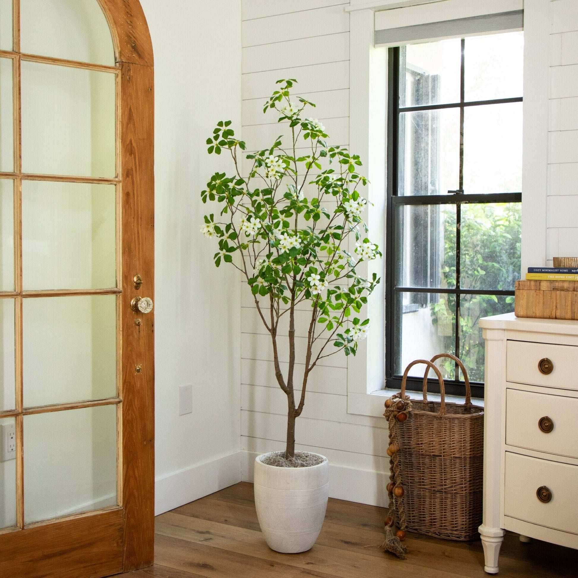 5' Artificial Dogwood Tree by Nearly Natural with white blossoms in a white planter indoors on Tampa Home & Garden Store