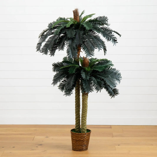 Nearly Natural 6ft and 4ft Sago Palm silk trees, double potted pair in woven baskets on Tampa Home & Garden Store