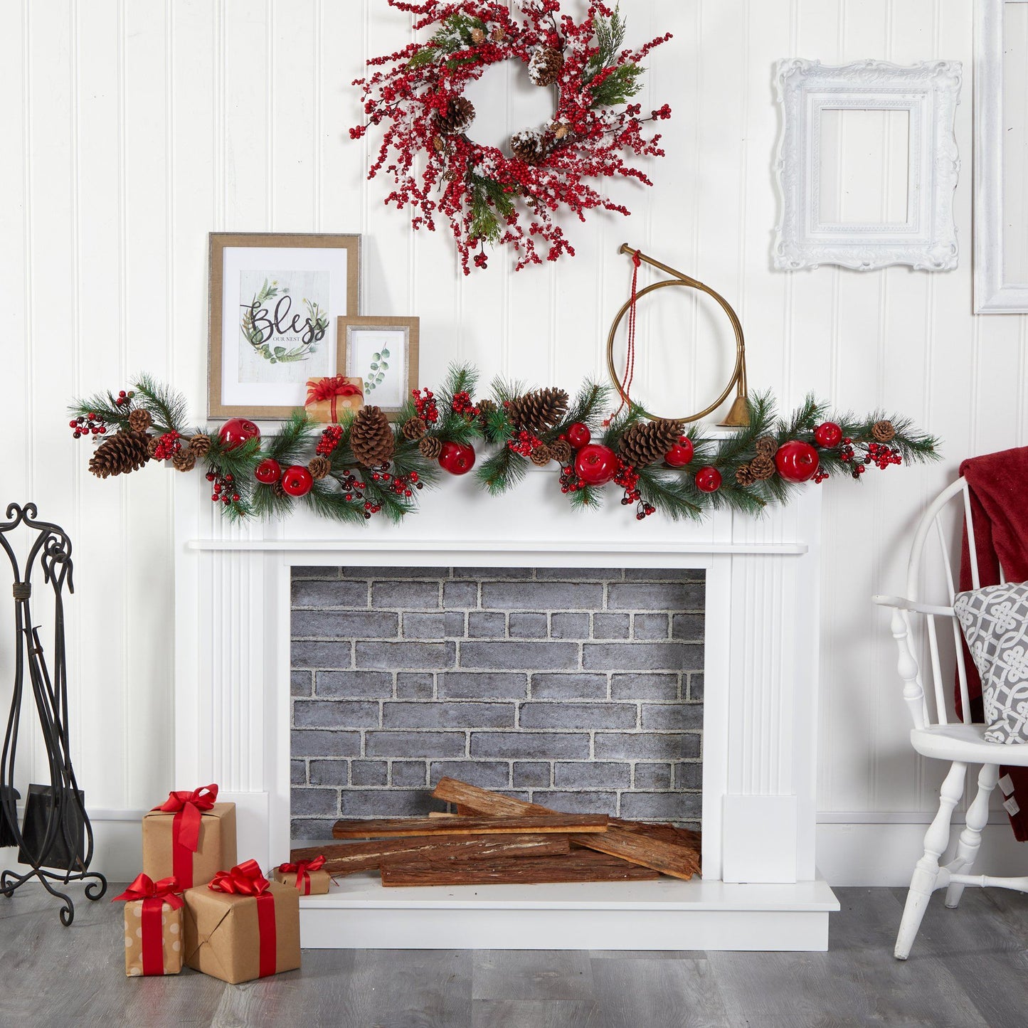 6’ Apple, Berries and Pinecone Artificial Garland by Nearly Natural with red berries pinecones and green foliage on Tampa Home & Garden Store
