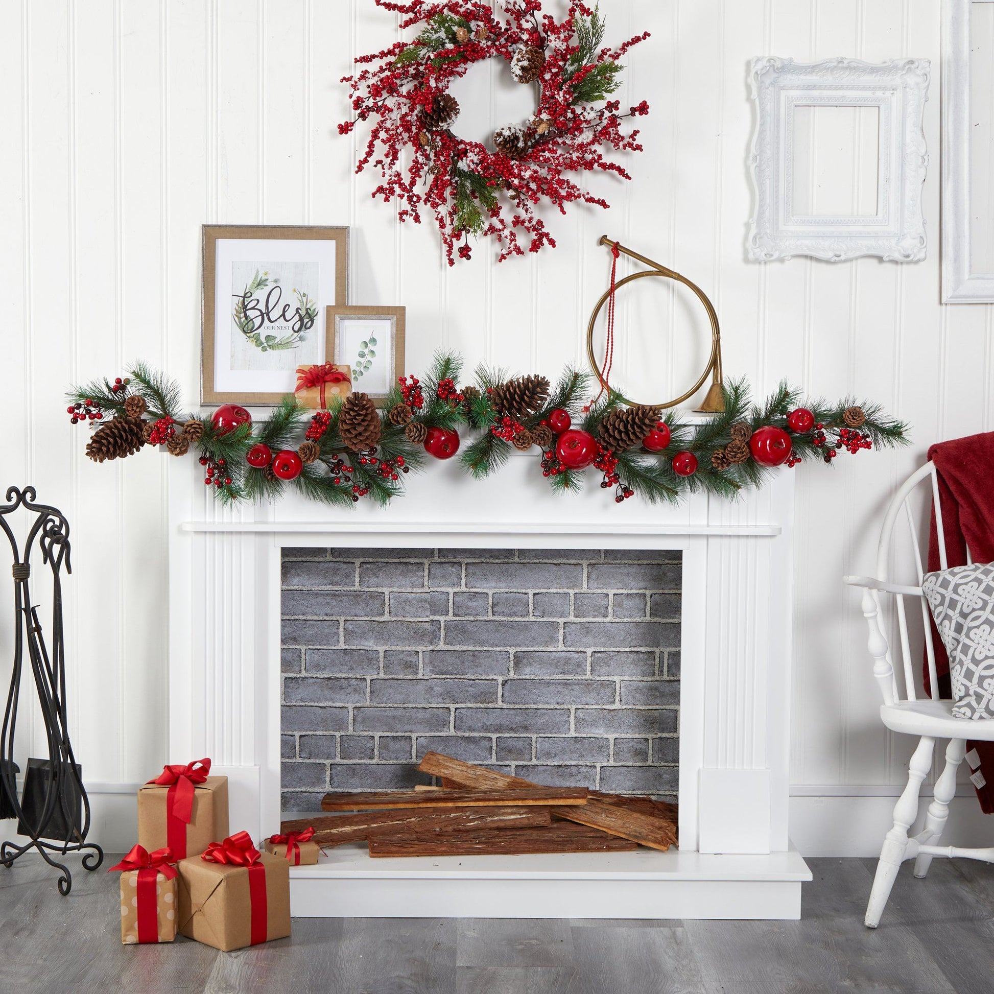 6’ Apple, Berries and Pinecone Artificial Garland by Nearly Natural with red berries pinecones and green foliage on Tampa Home & Garden Store