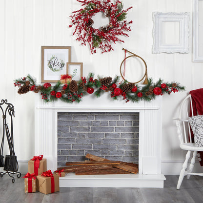 6’ Apple, Berries and Pinecone Artificial Garland by Nearly Natural with red berries pinecones and green foliage on Tampa Home & Garden Store