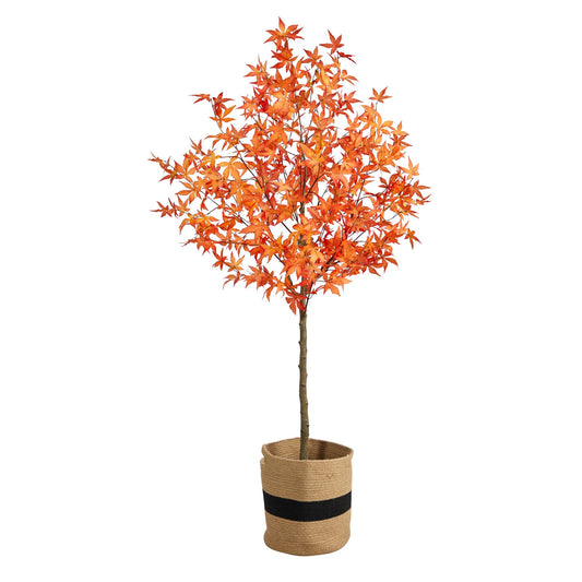 6' artificial autumn maple tree in a handmade jute and cotton basket with orange leaves on Tampa Home & Garden Store