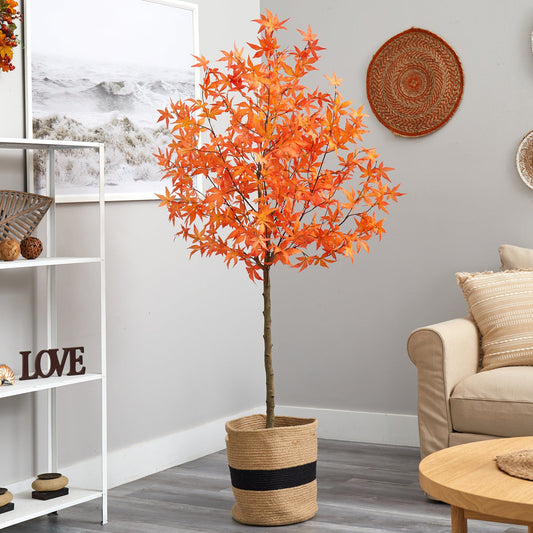 6' Nearly Natural artificial autumn maple tree in handmade jute and cotton basket on Tampa Home & Garden Store