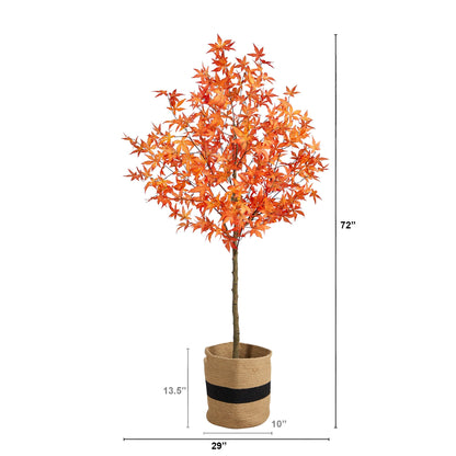 6 ft artificial autumn maple tree with orange leaves in striped jute basket Nearly Natural on Tampa Home & Garden Store