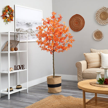 6 ft artificial autumn maple tree in a handmade jute and cotton basket with orange leaves on Tampa Home & Garden Store