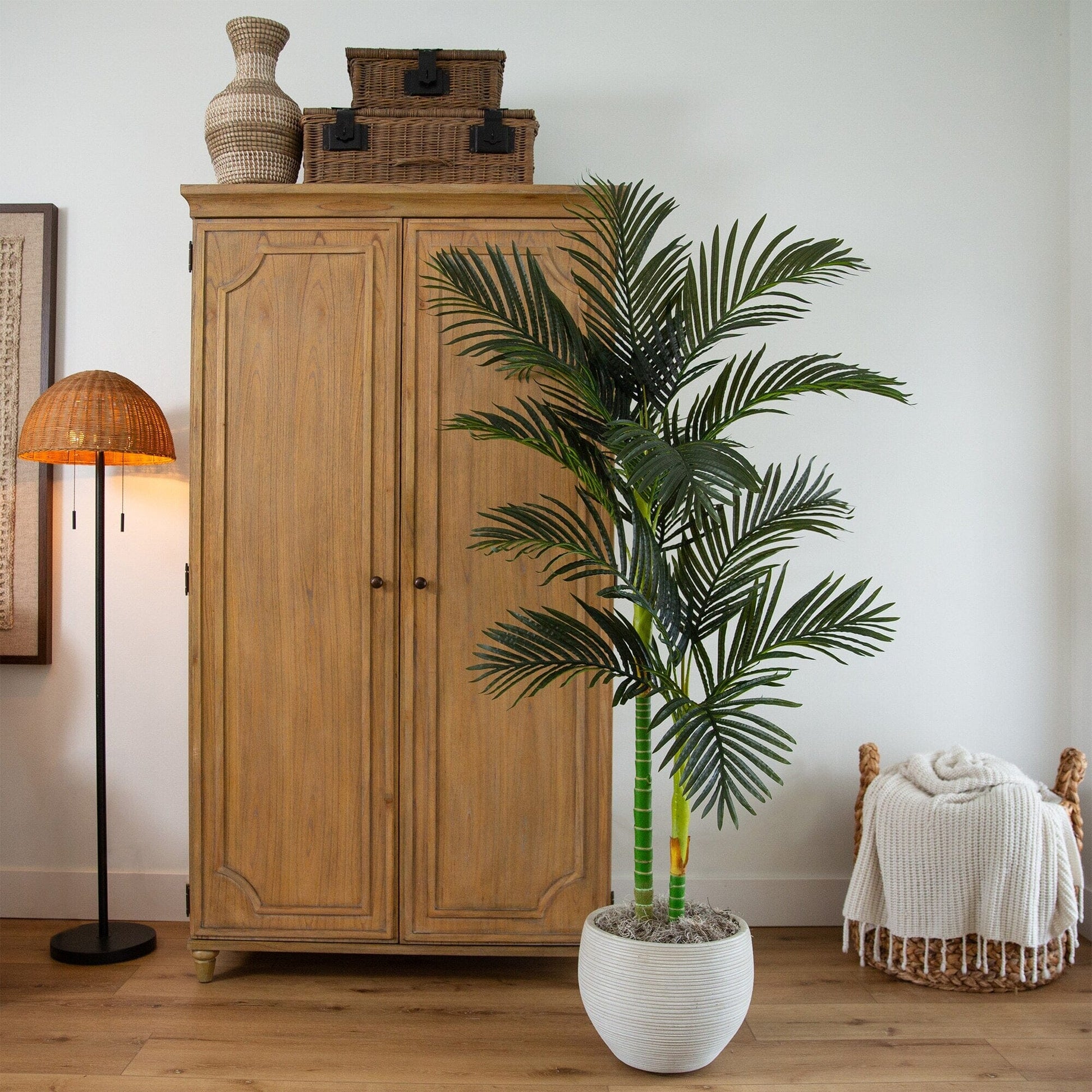 6’ artificial double stalk Golden Cane Palm Tree with green fronds in a pot beside cabinet on Tampa Home & Garden Store