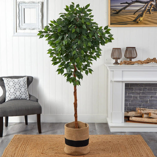 Artificial Ficus Tree in Handmade Jute Basket by Nearly Natural, 6 ft tall with green leaves on Tampa Home & Garden Store