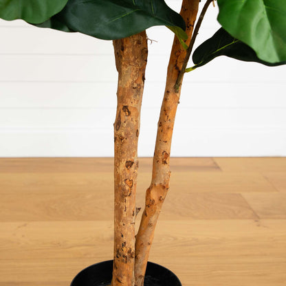 6’ Nearly Natural artificial fiddle leaf fig tree, two trunks, dark green leaves in a black pot on Tampa Home & Garden Store