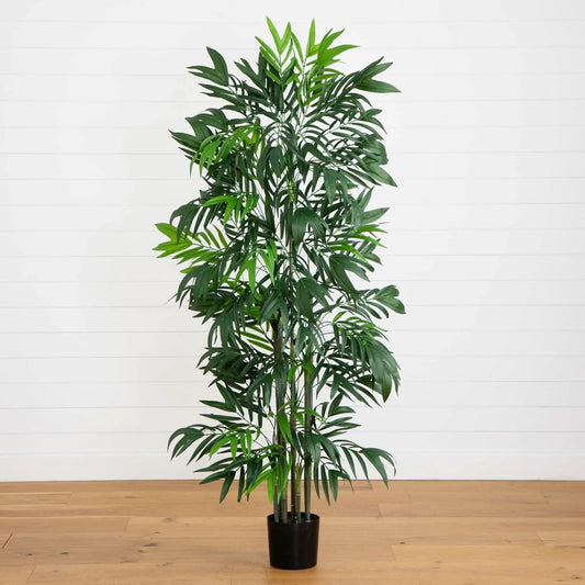 Six-foot-tall silk green bamboo palm tree in a black pot with lush fronds on Tampa Home & Garden Store