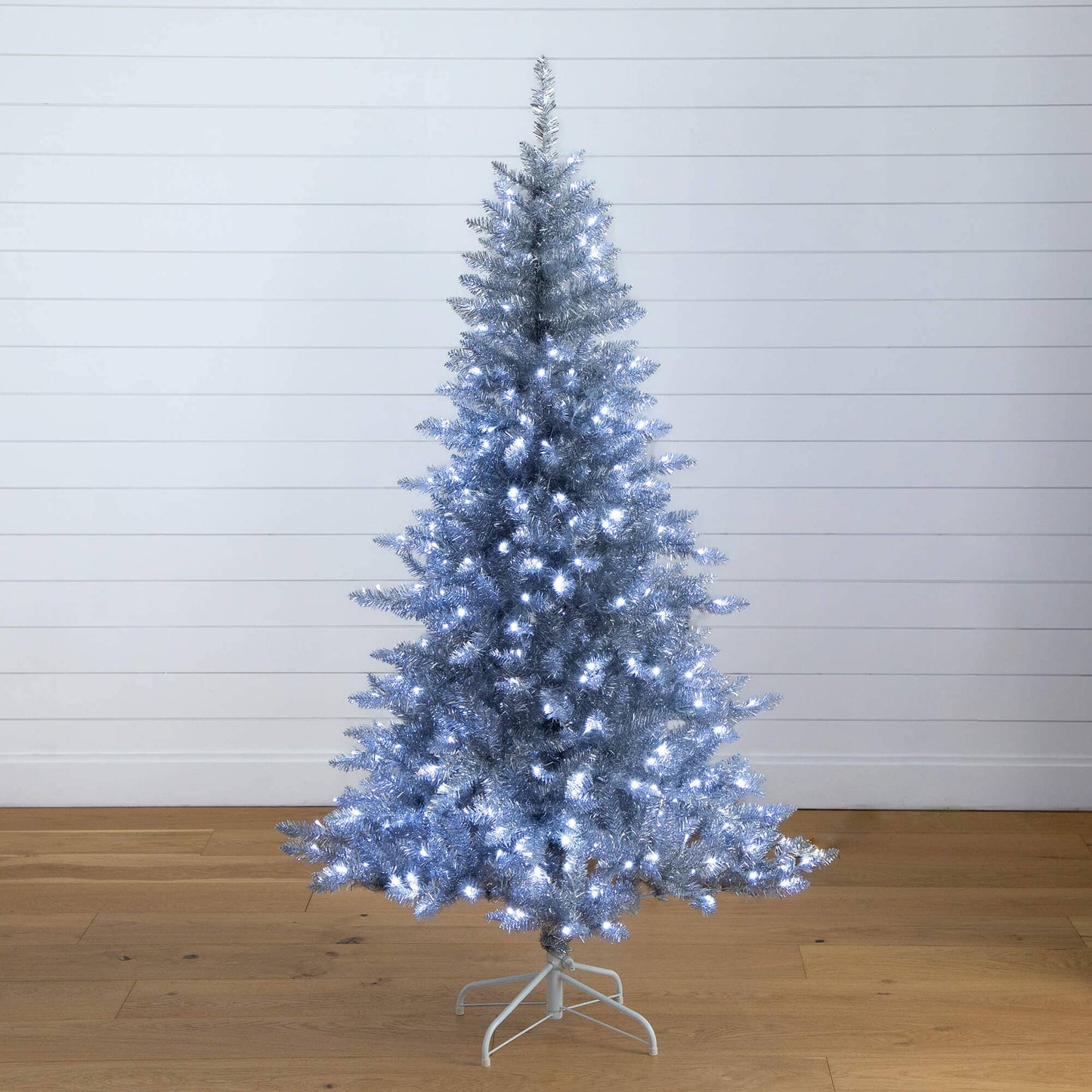 6 ft Nearly Natural silver artificial Christmas tree with 300 cool white LED lights on a stand on Tampa Home & Garden Store