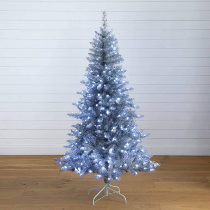6 ft Nearly Natural silver artificial Christmas tree with 300 cool white LED lights on a stand on Tampa Home & Garden Store