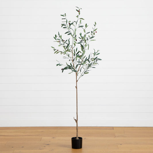 6 ft artificial slim olive tree in black pot with green leaves and red berries on floor on Tampa Home & Garden Store