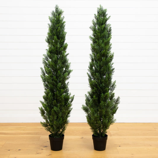 Nearly Natural 6' mini cedar pine tree set of 2 in black pots, UV resistant indoor/outdoor on Tampa Home & Garden Store