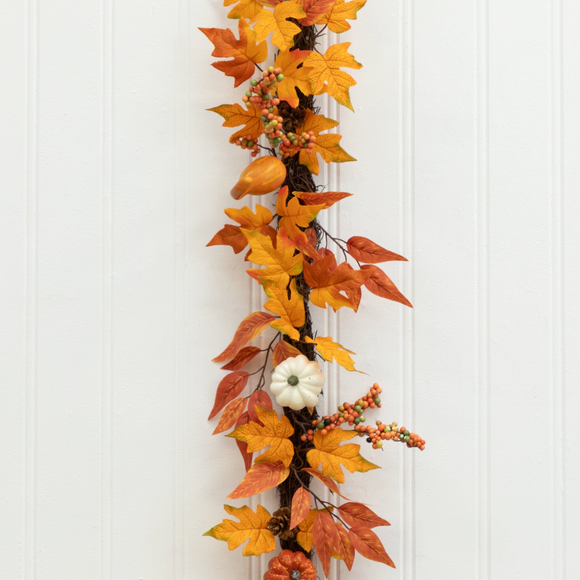 Nearly Natural 6' Autumn Garland with orange maple leaves, pumpkins, gourds and berries on Tampa Home & Garden Store