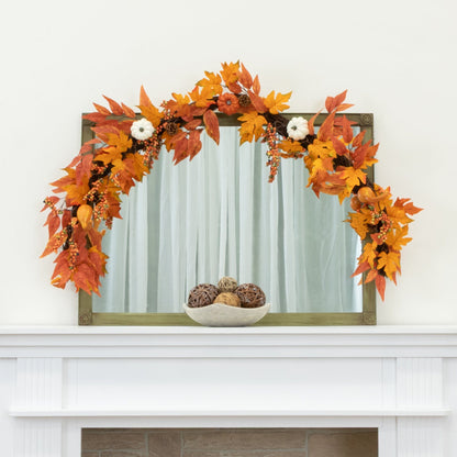 Garland Nearly Natural autumn with orange maple leaves, pumpkins, gourds, pinecones on Tampa Home & Garden Store