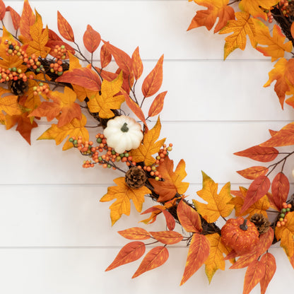 6 ft Autumn Garland with orange maple leaves, pumpkins, gourds, berries and pinecones on Tampa Home & Garden Store